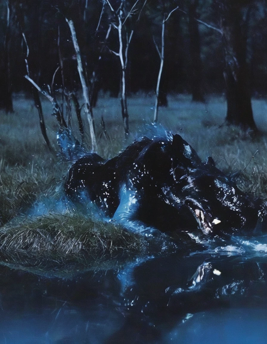 film photography, vintage, fashion photography of horror, horror witch zombie in black water, blue night forest background