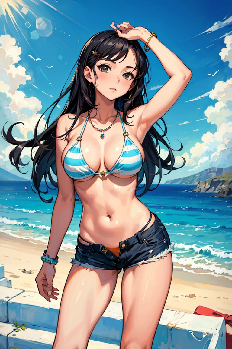 (masterpiece, Highest quality), 1 Girl, alone, Perfect body, Big Breasts, woman, Santorini, colorful striped bikini top, Shorts, stylish, bracelet, necklace, Standing pose, afternoon