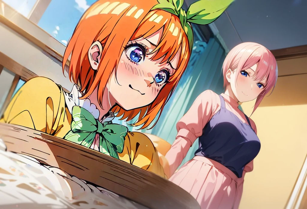  [Nakano yotsuba, nakano_yotsuba, aayotsuba, shoulder length orange hair, green ribbon] blushing, looking down, embarassed face, flustered, goofy awkward, extremely cute face, in love, dreamy eyes,  best quality)), extremely fine and beautiful, super fine illustration, top-quality、Official art、Beautifully Aesthetic:、vivid colours、colourful, HD Detail, Ultra Detail, soft Light, magical photography, intricate details, , sfw, , indigo eyes, masterpiece, 4k, ultradetailed,