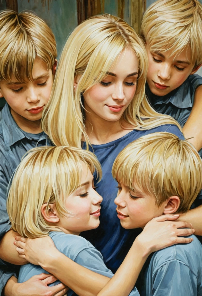1girl, blonde hair, hug, multiple boys, painting (medium), traditional media