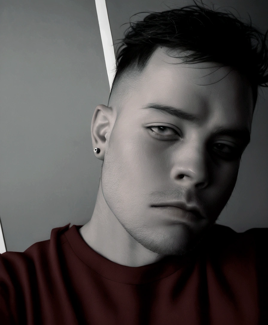 fit man with a red shirt and ear piercings, looking at the camera, desaturated!!, low quality photograph, 8K portrait photo, half body head shot, very low quality image, piercing look, 8k selfie photograph, desaturated!, Serious and sad look in your eyes, wide shaved and clean face, looking to the side of the camera
