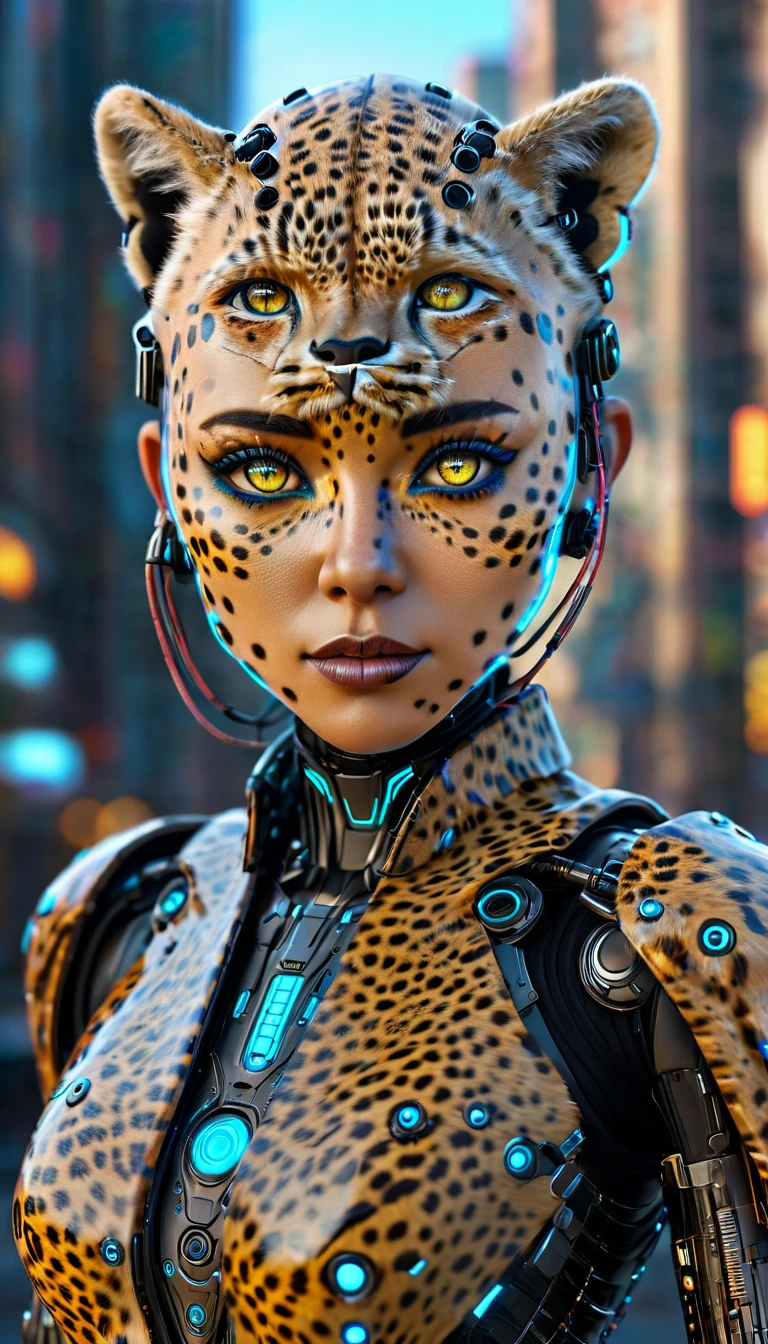 a woman with cybernetic skin that looks like cheetah fur, cheetah fur elements,  cowboy shot, cyberpunk, sci-fi, detailed face and eyes, detailed skin texture, intricate machinery, glowing cybernetic implants, daylight, neon city background, dramatic camera angle, highly detailed, 8k, photorealistic