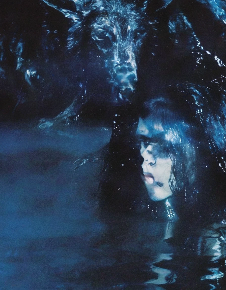 film photography, vintage, fashion photography of horror, beautiful fashion horror witch in black water, blue night forest background