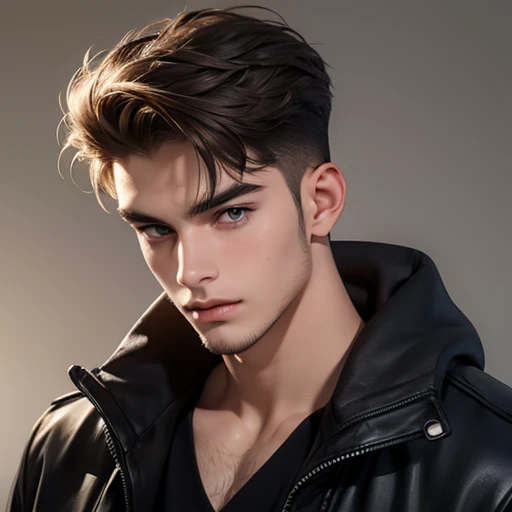 Young boy with nice jaw line, good looking eyes, small trimmed beard and curvy brownish hair, handsome and around 20 years old.