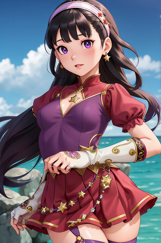 (masterpiece), (best quality), (ultra-detailed), intricate detail, detailed beautiful face and eyes,1girl, solo, purple eyes, purple hair, long dark blue hair, white earrings, red hairband, star hair ornament,fingerless gloves, gloves,pantyhose, jewelry, pleated_skirt,red skirt, short sleeves, Blunt Bangs,shizuka,hot,sea background