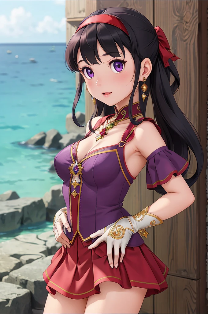 (masterpiece), (best quality), (ultra-detailed), intricate detail, detailed beautiful face and eyes,1girl, solo, purple eyes, purple hair, long dark blue hair, white earrings, red hairband, star hair ornament,fingerless gloves, gloves,pantyhose, jewelry, pleated_skirt,red skirt, short sleeves, Blunt Bangs,shizuka,hot,sea background