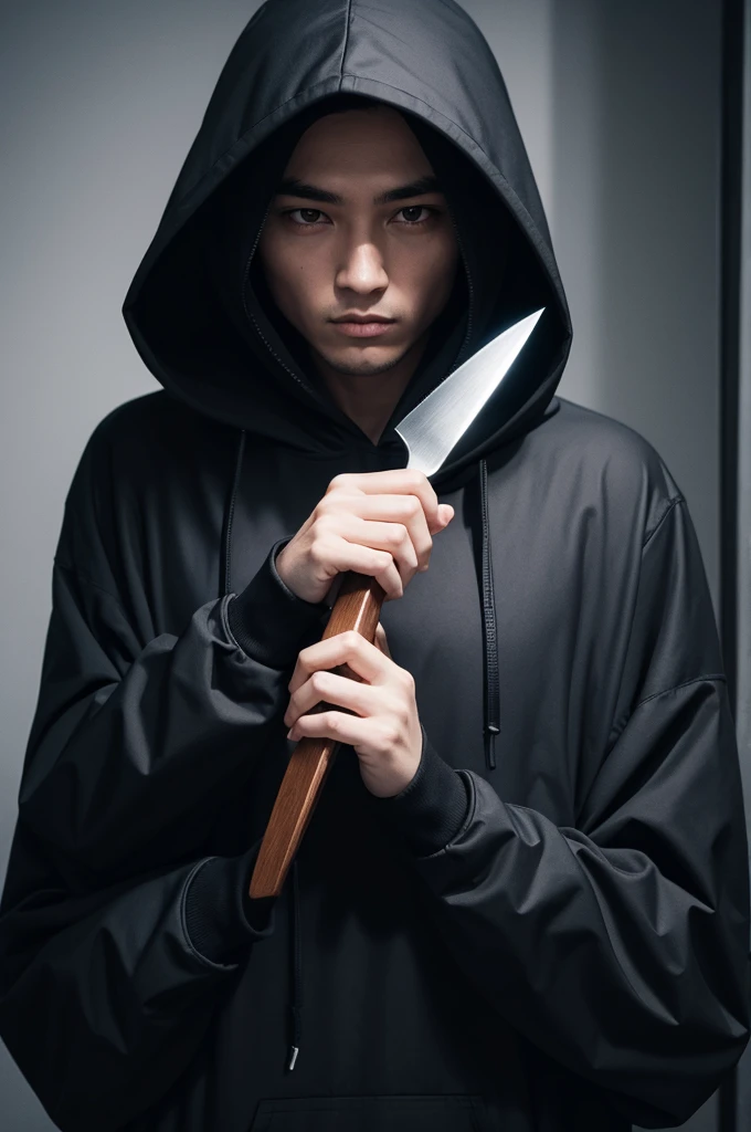 A hooded figure holding a knife