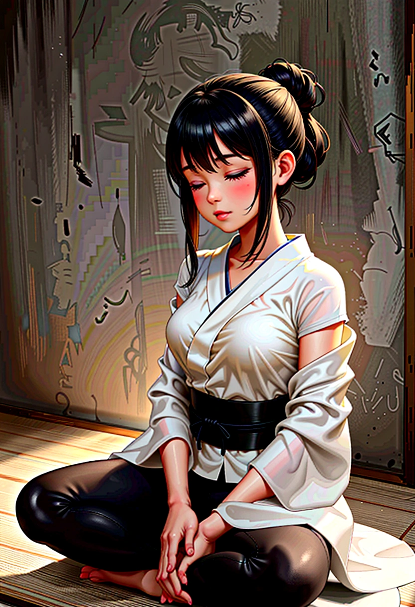 A young female character is practicing yoga in a serene, meditative pose. She is seated in the lotus position (Padmasana) with her legs crossed and her hands resting on her knees, fingers forming the Gyan mudra. Her eyes are gently closed, and she has a peaceful expression on her face, indicating deep focus and relaxation.
She is dressed in stylish, fitted yoga pants and a comfortable top, both designed for flexibility and ease of movement. Over her outfit, she wears an elegant silk kimono, which drapes gracefully around her shoulders and flows softly to the sides. The kimono features intricate, delicate patterns that add a touch of sophistication to her look.
The background is a rustic, artistic setting with a textured, slightly worn concrete wall that enhances the natural, tranquil atmosphere. She sits on a dark, possibly wooden floor, with a yoga mat beneath her for comfort. The overall mood of the illustration is calm and introspective, capturing a moment of serene mindfulness.