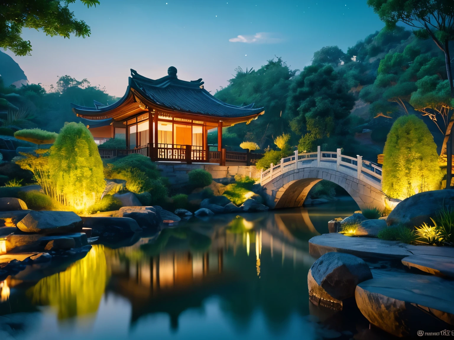 Ancient Chinese architecture, moon, midnight, garden, bamboo, lake, stone bridge, rockery, arch, corner, tree, running water, landscape, outdoor, waterfall, grass, rock, water lily, hot spring, water vapor, (Illustration: 1.0), Epic Composition, Realistic Lighting, HD Details, Masterpiece, Best Quality, (Very Detailed CG Unity 8k) --v 6