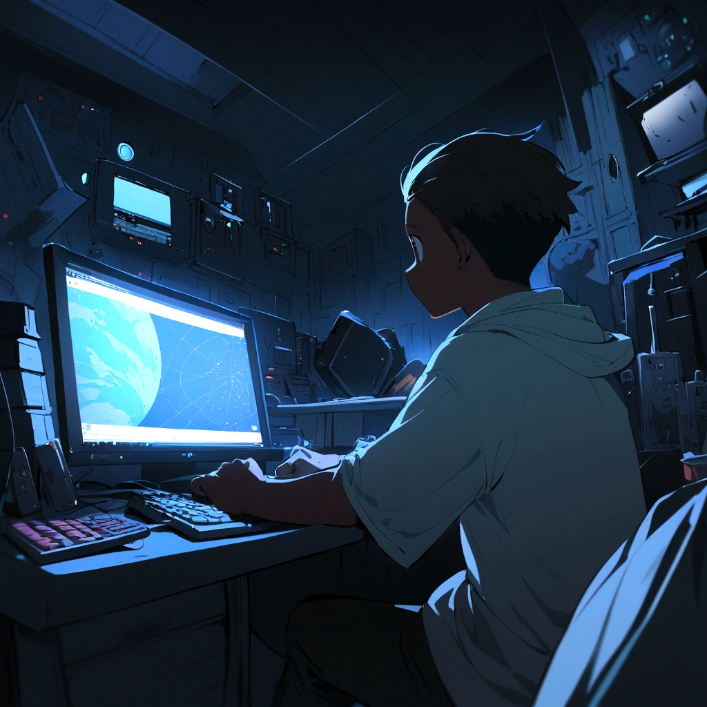 A young man is programming on a computer in a room full of gadgets, Pol Makoto Shinkai e Ghibli Studio, Dramatic lighting, Very detailed, Great quality, Dark Skin, Cone Fade、Space landscape with earth on top、