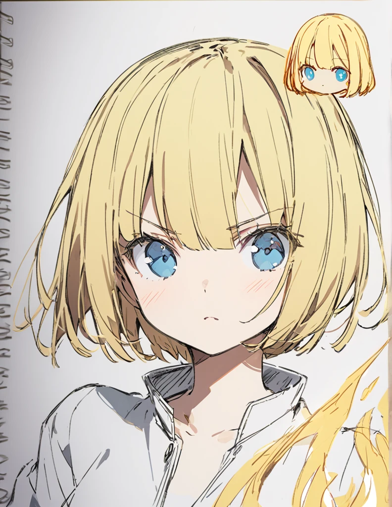 A girl fighting with golden flames(Sketches), (Open Close), (Small body), (Blonde:1.5) (Short Bob Hair:1.4), (Blue eyes)輝く