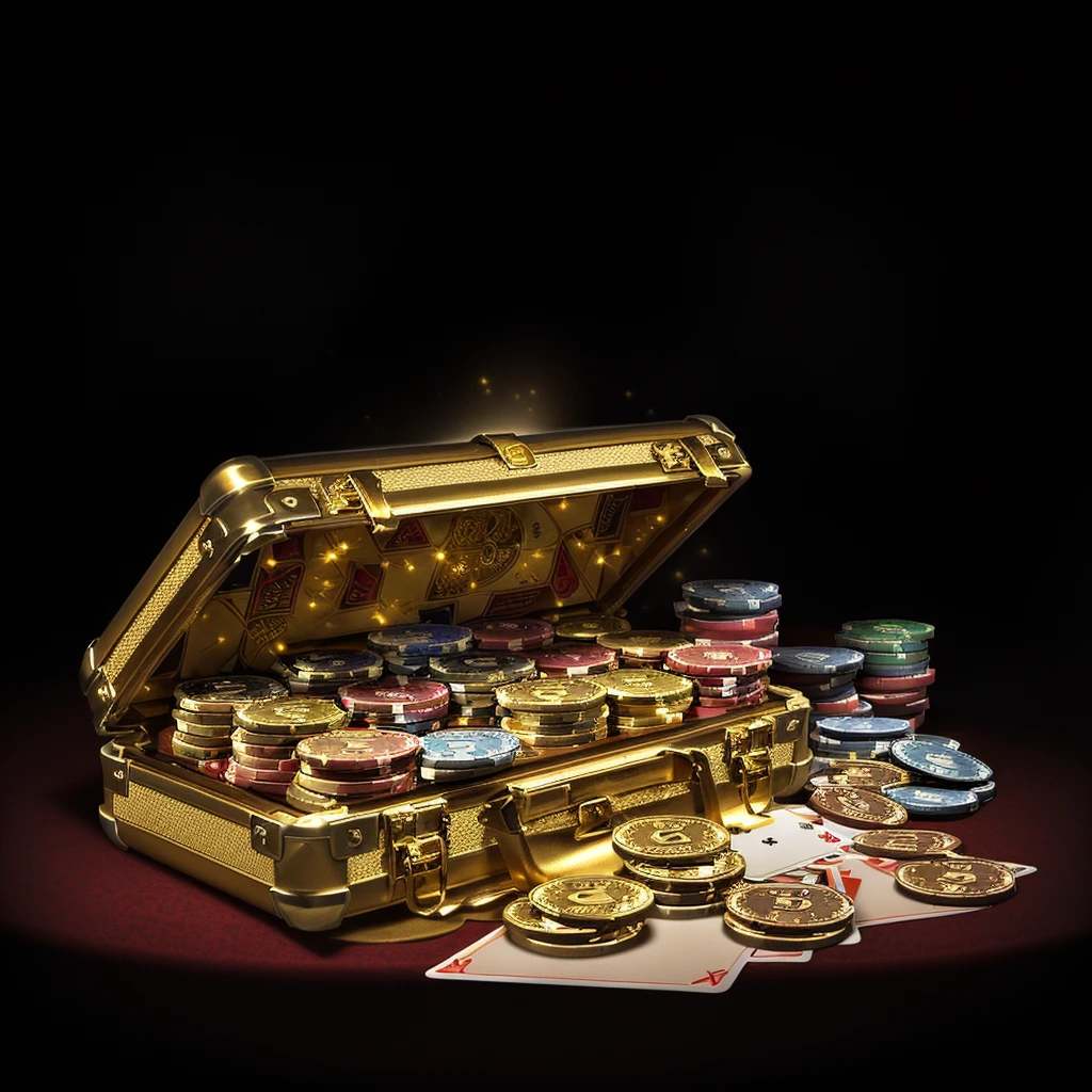 There is a suitcase full of coins and cards on the table, Loot Boxes, Treasure Box, There are many gold coins, poker, Game image, Treasure Boxs, casino, Game Background, Treasure background, Gold and treasure, Background Image,