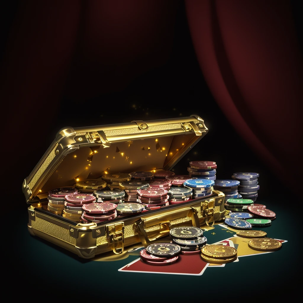 There is a suitcase full of coins and cards on the table, Loot Boxes, Treasure Box, There are many gold coins, poker, Game image, Treasure Boxs, casino, Game Background, Treasure background, Gold and treasure, Background Image,
