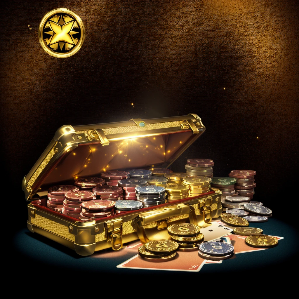 There is a suitcase full of coins and cards on the table, Loot Boxes, Treasure Box, There are many gold coins, poker, Game image, Treasure Boxs, casino, Game Background, Treasure background, Gold and treasure, Background Image,