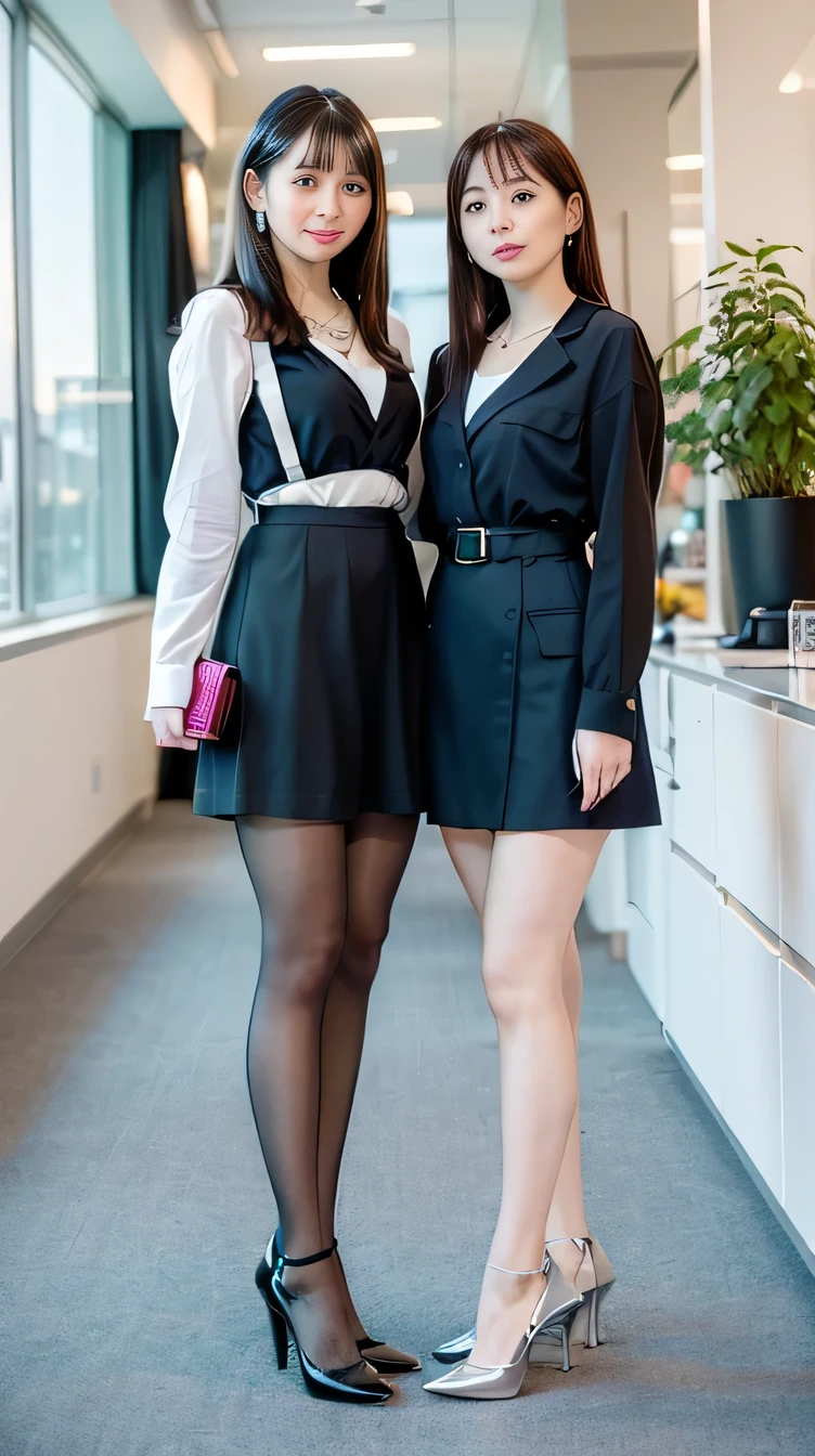 (Highest quality, masterpiece, Realistic, Very detailed, Ultra-high resolution, to be born:1.3), (2People Girls:1.5), beautiful, (tights、pumps) 28 years old, office workers, ({money| Silver| wine-red| navy| pink| Yellow green| violet| Sky blue} Clothes), (smile), (bangs), high waist, necklace, (office, indoor, Glass Room), (Long legs, High heels, whole body:1.2), (Medium Chest:1.3), (crowd)tights、pumps