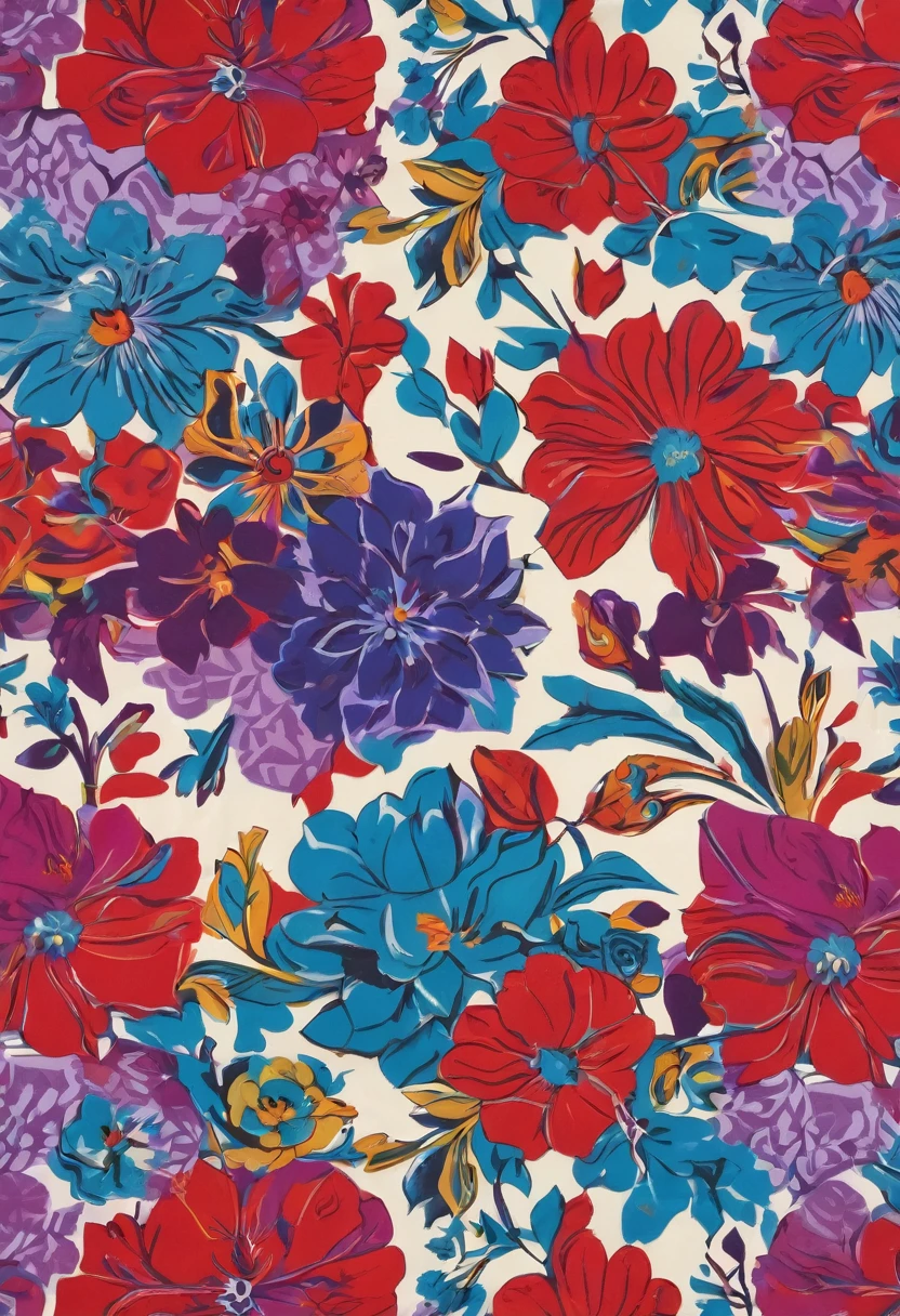 Floral print for shirt, red purple blue