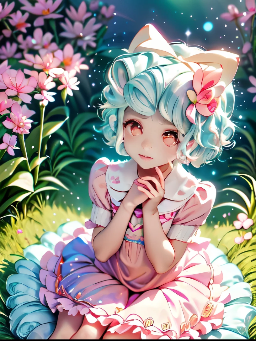 My little pony, cozy glow, young girl, blue swirly short hair, swirly bangs, (pastel pink skin), ((blue hair with light blue strains)), orange eyes, white hair band, in a pink botanical garden, Nyssa sylvatica garden arch, pink shimmering ponds with lily pads, cherry blossom tress everywhere, light pink crepuscular rays, pink dappled rays, pink soft evening sky, pink clouds, pink and white roses everywhere, pink frilly dress, soft innocent look, red morning glory Delphinium all around her, ultra high quality, sitting under a pink cherry blossom tree, pink garden