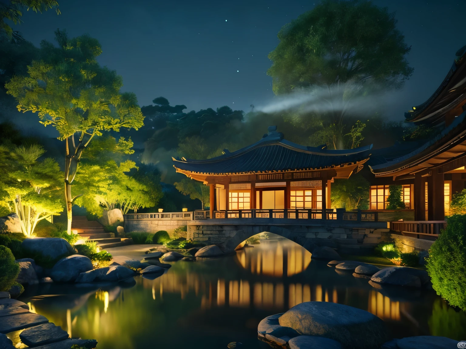 Ancient Chinese architecture, moon, midnight, garden, bamboo, lake, stone bridge, rockery, arch, corner, tree, running water, landscape, outdoor, waterfall, grass, rock, water lily, hot spring, water vapor, (Illustration: 1.0), Epic Composition, Realistic Lighting, HD Details, Masterpiece, Best Quality, (Very Detailed CG Unity 8k) --v 6