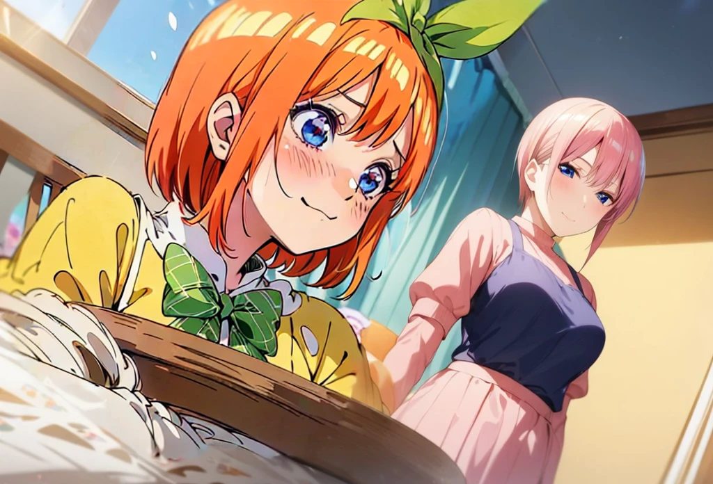  [Nakano yotsuba, nakano_yotsuba, aayotsuba, shoulder length orange hair, green ribbon] blushing, looking down, embarassed face, flustered, goofy awkward, extremely cute face, in love, dreamy eyes,  best quality)), extremely fine and beautiful, super fine illustration, top-quality、Official art、Beautifully Aesthetic:、vivid colours、colourful, HD Detail, Ultra Detail, soft Light, magical photography, intricate details, , sfw, , indigo eyes, masterpiece, 4k, ultradetailed,