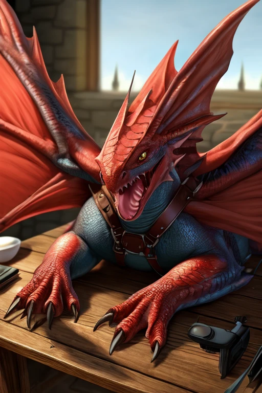 (by taran fiddler), (by darkgem:0.8), (by chunie:1), masterpiece, detailed scales, portrait, seductive, serious, (looking at viewer), (mrmordaut), red dragon, (detailed pixar eyes:1.2), detailed eyes, male, feral, (tail), glasses, wings, sitting behind desk, big penis, flaccid, (detailed classroom background), (day, inside),
