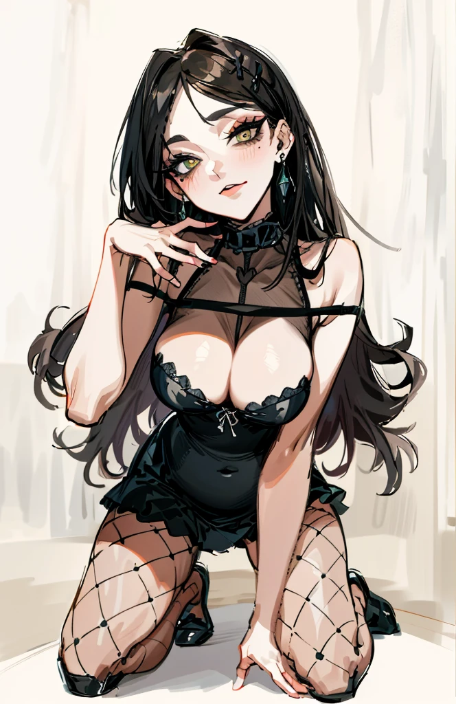 （best quality，masterpiece：1.2，detailed details，4k），((masterpiece)), ((best quality)), (ultra-detailed), anime style,large breast, slim, slender, ashamed, all fours ，Kneeling,Girl with modern gothic makeup, fair skin, long legs, black eyeshadow, camisole, plump figure, earrings and lip studs, fishnet stockings, posing in an attractive pose, lovable expression