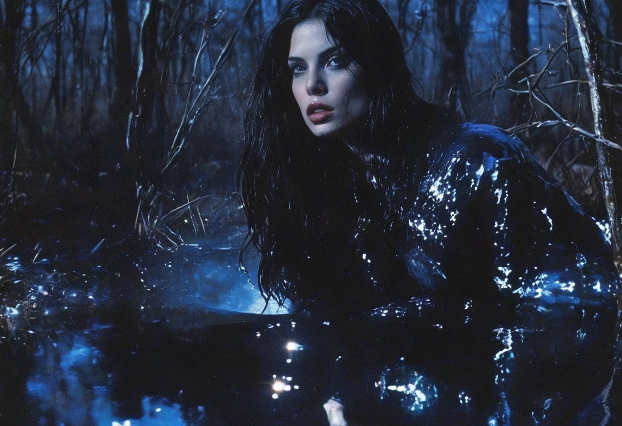 film photography, vintage, fashion photography of horror, close up photo of 90s beautiful fashion model in black water, blue night forest background