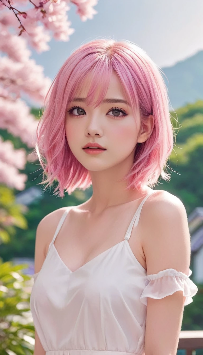 Light pink hair, pink eyes, pink and white, sakura leafs, vivid colors, white dress, paint splash, simple background, ray tracing, wavy hair