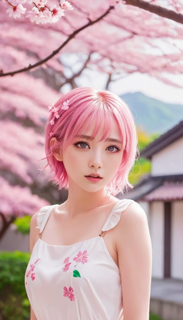 Light pink hair, pink eyes, pink and white, sakura leafs, vivid colors, white dress, paint splash, simple background, ray tracing, wavy hair