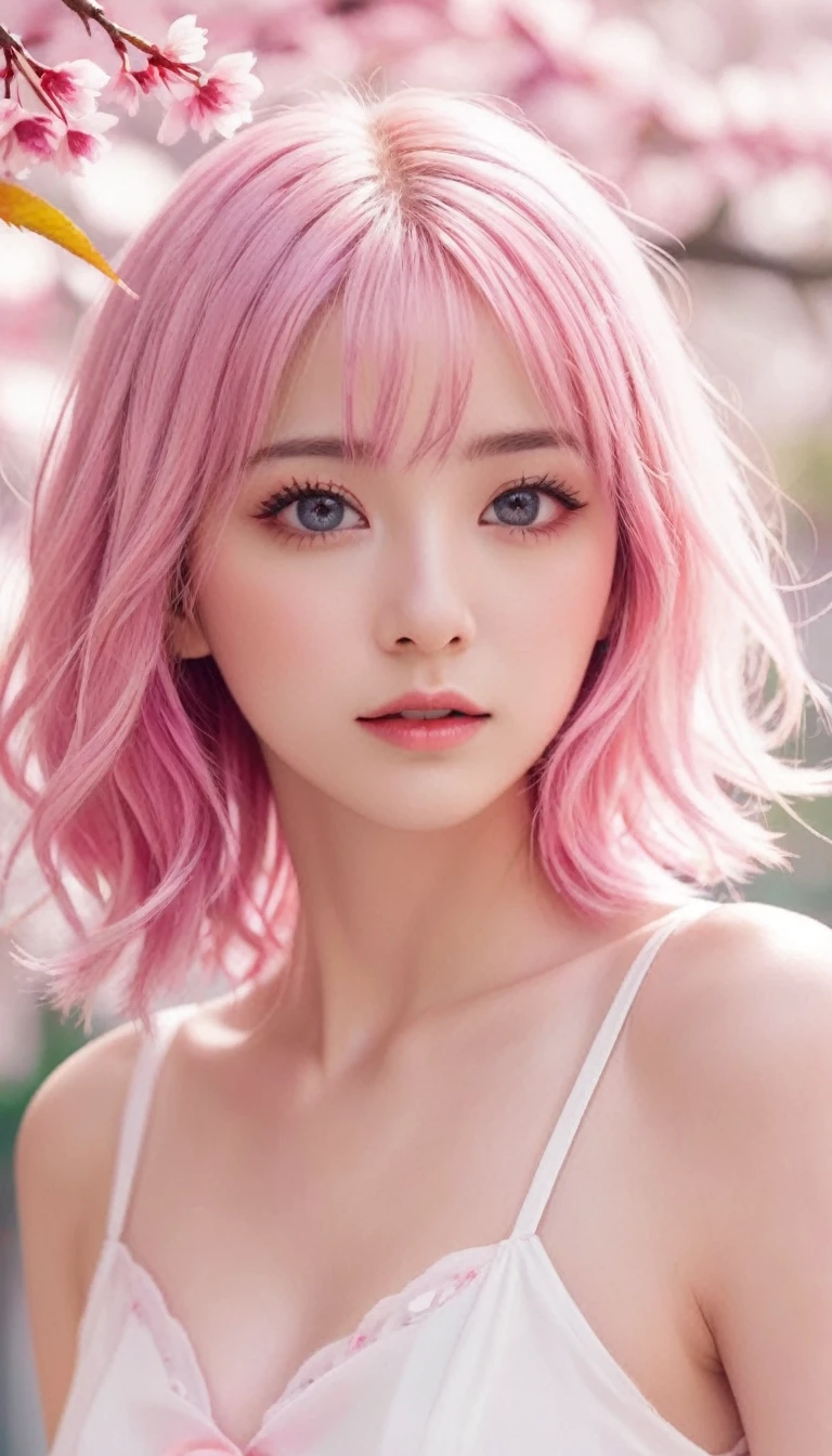 Light pink hair, pink eyes, pink and white, sakura leafs, vivid colors, white dress, paint splash, simple background, ray tracing, wavy hair