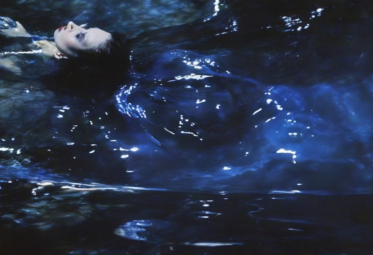 film photography, vintage, fashion photography of horror, close up photo of 90s beautiful fashion model in black water, blue night forest background