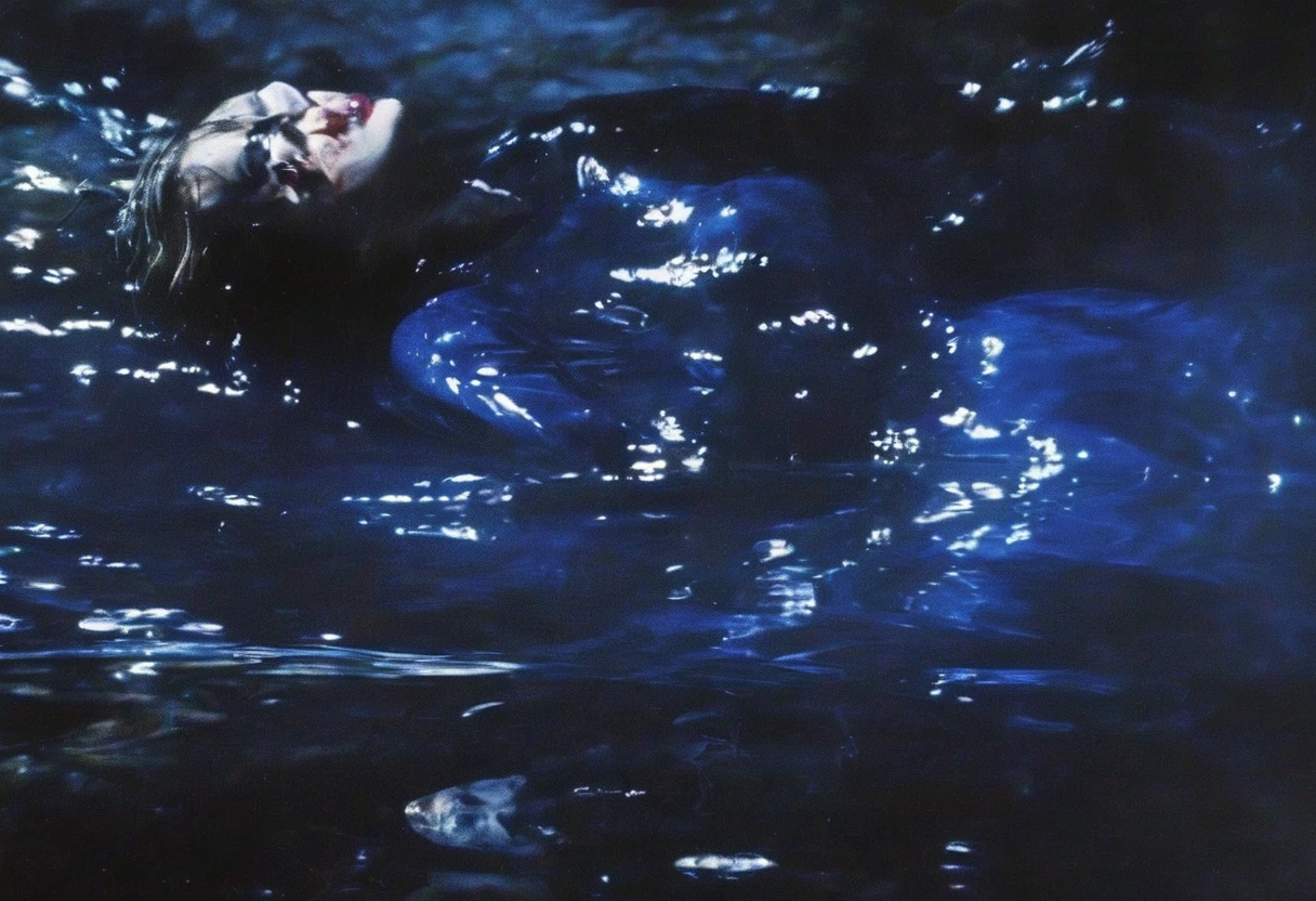 film photography, vintage, fashion photography of horror, close up photo of 90s beautiful fashion model in black water, blue night forest background