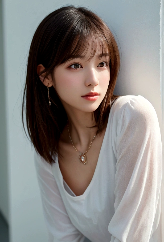 (best quality), (masterpiece), an 8K, 32K image of a beautiful Japanese woman with medium, shoulder-length hair. The image should focus on her upper body and have a surface focus. She should be wearing a long sleeve shirt and a necklace, with a white simple background. The photo should be taken from above, using a mix of 4 different shots. The image should be in 8K, with raw photo quality and should be a masterpiece. It should be realistic and photorealistic, with a weight of 1.37 for photorealism. There should be one girl in the image, shot in natural light with photon mapping and physically based rendering. The overall style should be girly, with excellent image quality and high resolution of 1080P. The girl's face should be clean and the hands should be described in detail, including the masseter muscle part. The CG details should be rich and the image should have extreme light and shadow. The girl's hair should look dirty and the image should be a masterpiece with rich details and exquisite features. The eye should also be detailed and the clavicle should be delicate. The girl should be in versatile poses and should not be looking at the camera. The image should be taken in profile, against a white wall or in front of a white door, in a room with a window. The girl should be wearing spring clothes.