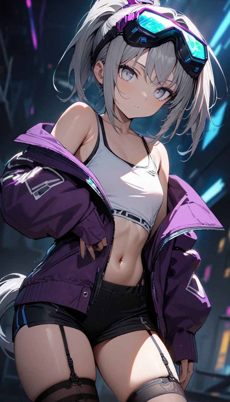 a handsome girl, solo,
gray hair, pony tail, silver eyes,(bright eyes:1.2), cyber punk purple jacket, white tank top, goggles on head, [navel], off shoulder, open jacket, black shorts, garter rings, expressionless, blurry background, perfect lighting, best cool pose,
perfect angle, masterpiece, best quality, extremely detailed face,