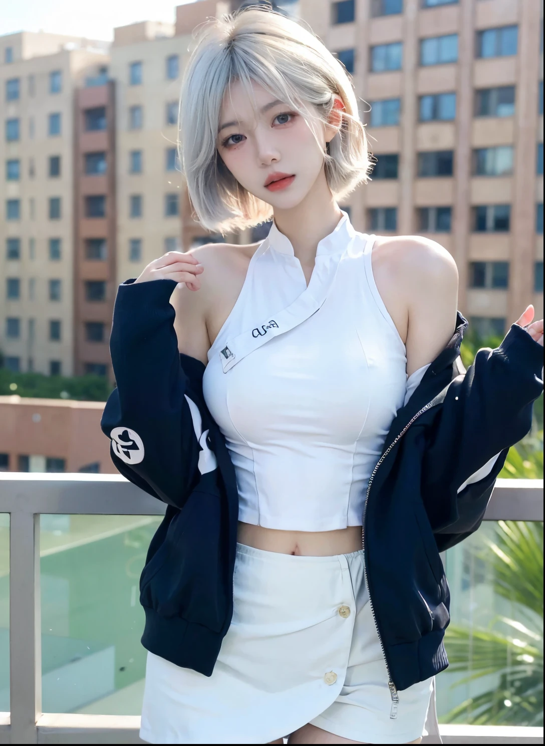 Beautiful woman with perfect figure:1.4,Ultra-high resolution,White background,(lifelike:1.4),Layered Hairstyle,White skin,Bikini:1.5,Super short pleated skirt,whole body,Very delicate face and skin texture,Double eyelids,Skin Whitening,short hair,White hair