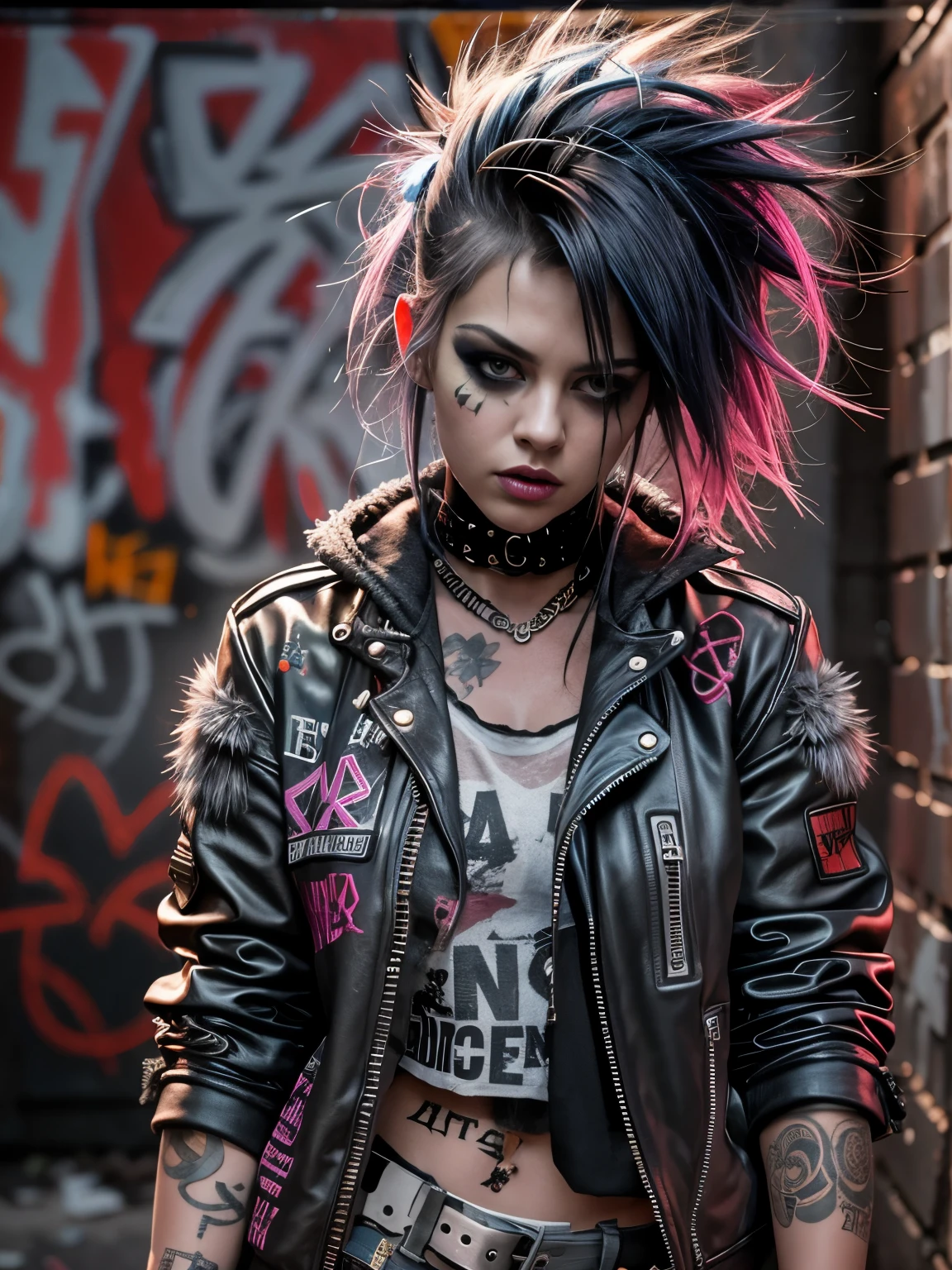 realistic, highly detailed, punk girl with baseball bat, standing in a dark alley, grungy urban environment, moody lighting, dramatic shadows, intense expression, spiked hair, ripped clothing, combat boots, graffiti-covered walls, cinematic composition, photorealistic, 8K, masterpiece