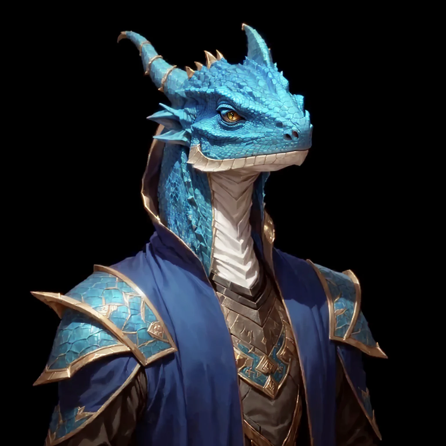 1 character, a close up of a person wearing a blue and brown outfit, argonian, male dragonborn, african argonian! body! in full, lizardman thief, dragonborn, lizardfolk, as an anthropomorphic dragon, portrait of fin wildcloak, basilisk, inspired by Rajmund Kanelba, hyperdetailed fantasy character, lizard head, lizard person, dark blue eyes