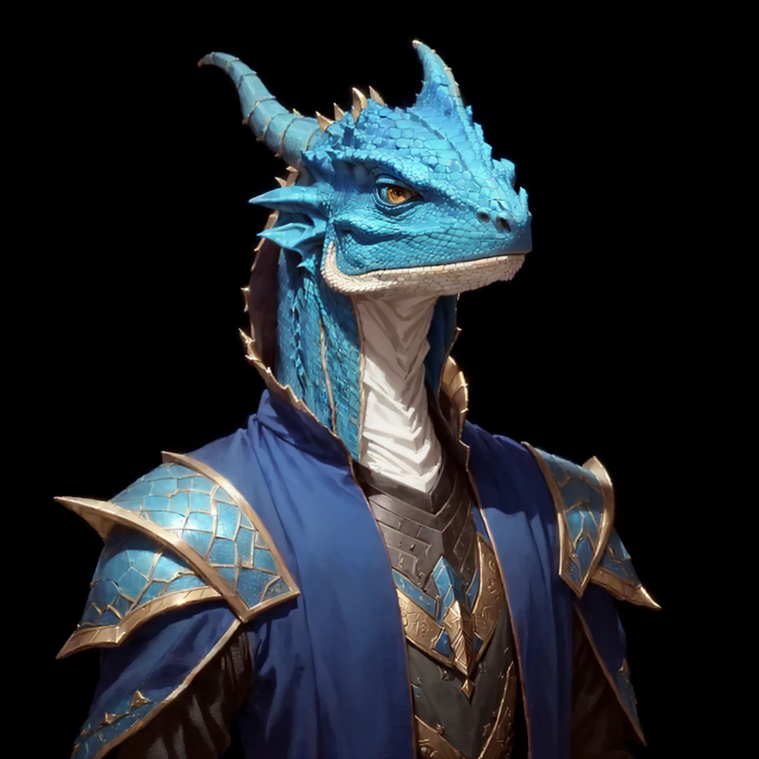 1 character, a close up of a person wearing a blue and brown outfit, argonian, male dragonborn, african argonian! body! in full, lizardman thief, dragonborn, lizardfolk, as an anthropomorphic dragon, portrait of fin wildcloak, basilisk, inspired by Rajmund Kanelba, hyperdetailed fantasy character, lizard head, lizard person, dark blue eyes