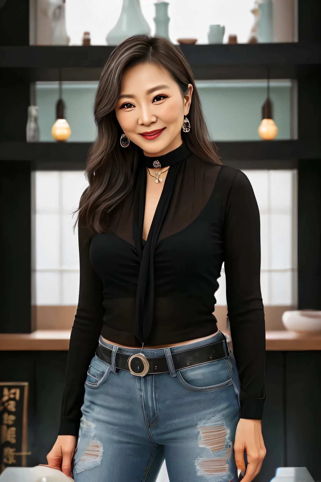 75 years old mom milf Chinese Lady large earring Big choker navel piercing decoration A bracelet Silver Hair realisitic Gorgeous Madame Beautiful Mature Woman sexly Smile Gentle woman navel piercing 4K High quality lounge coffee Customer Heavy chest Gorgeous Madame Beautiful Mature Woman