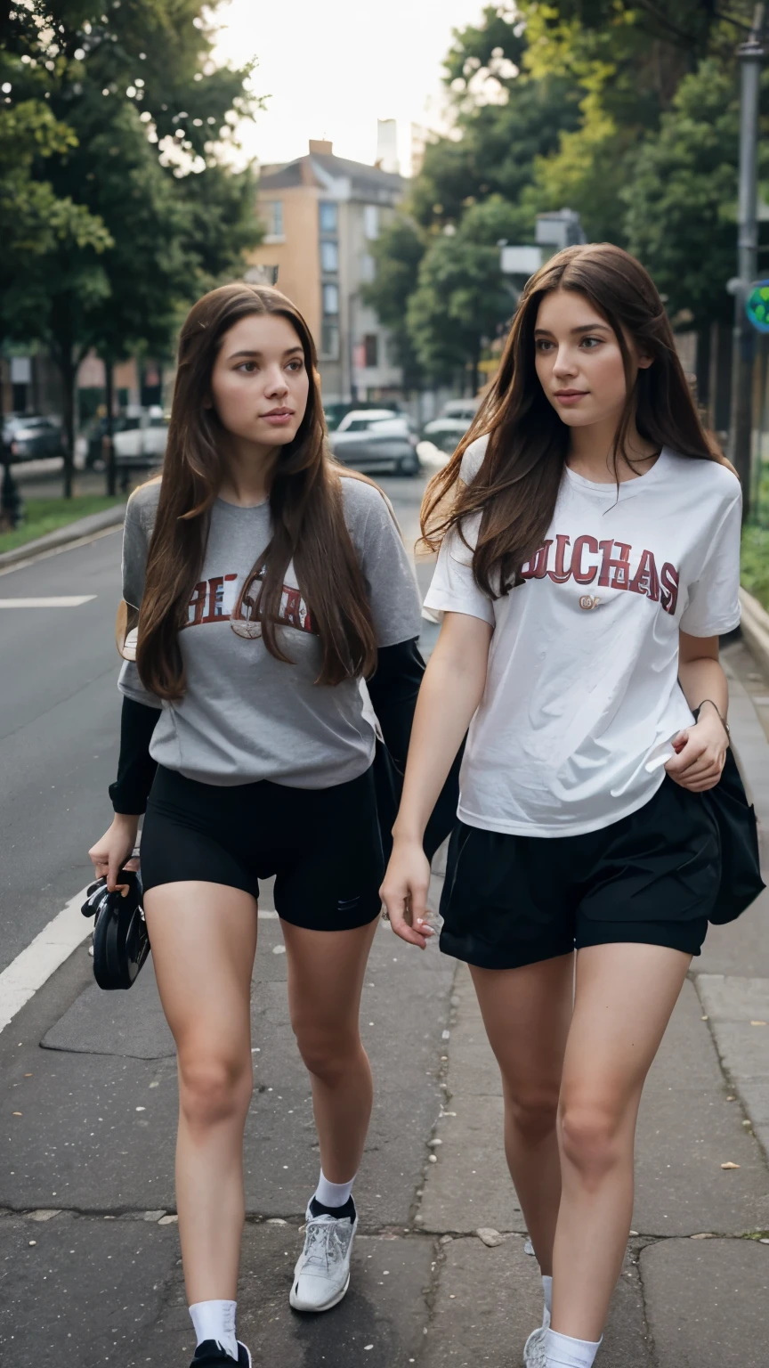 Two long-haired girls walking on bicycles 