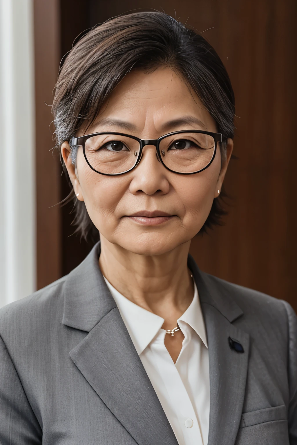 politician、50 year old grandma、Front of face、Grey formal attire、Light from the front、Glasses、Straight face