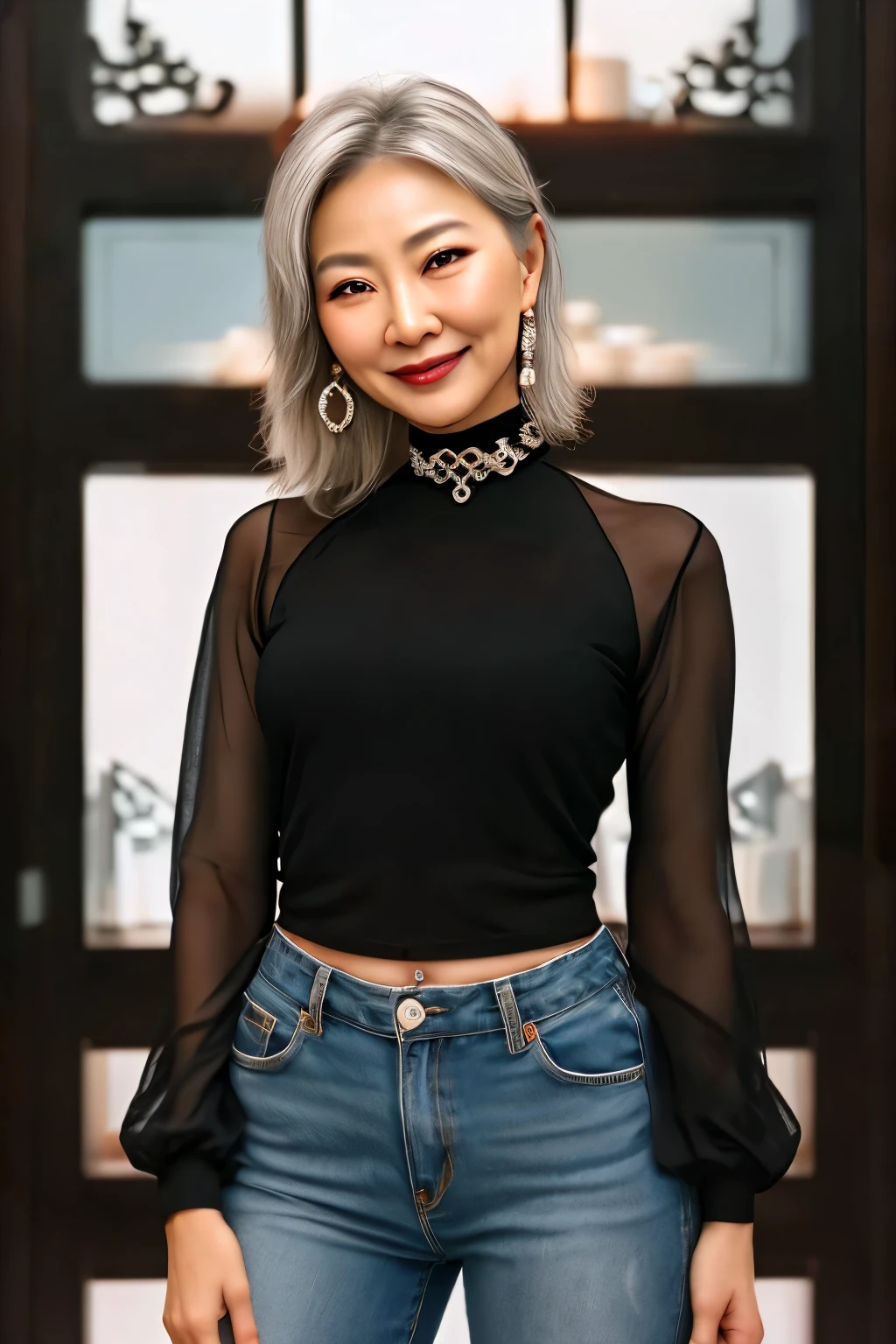66 years old Mom MILF Chinese Lady large earring Big choker navel piercing decoration A bracelet Silver Hair realisitic Gorgeous Madame Beautiful Mature Woman sexy Smile Gentle woman navel piercing 4K High quality ラウンジ コーヒー 客 重い胸 レザーパンツ