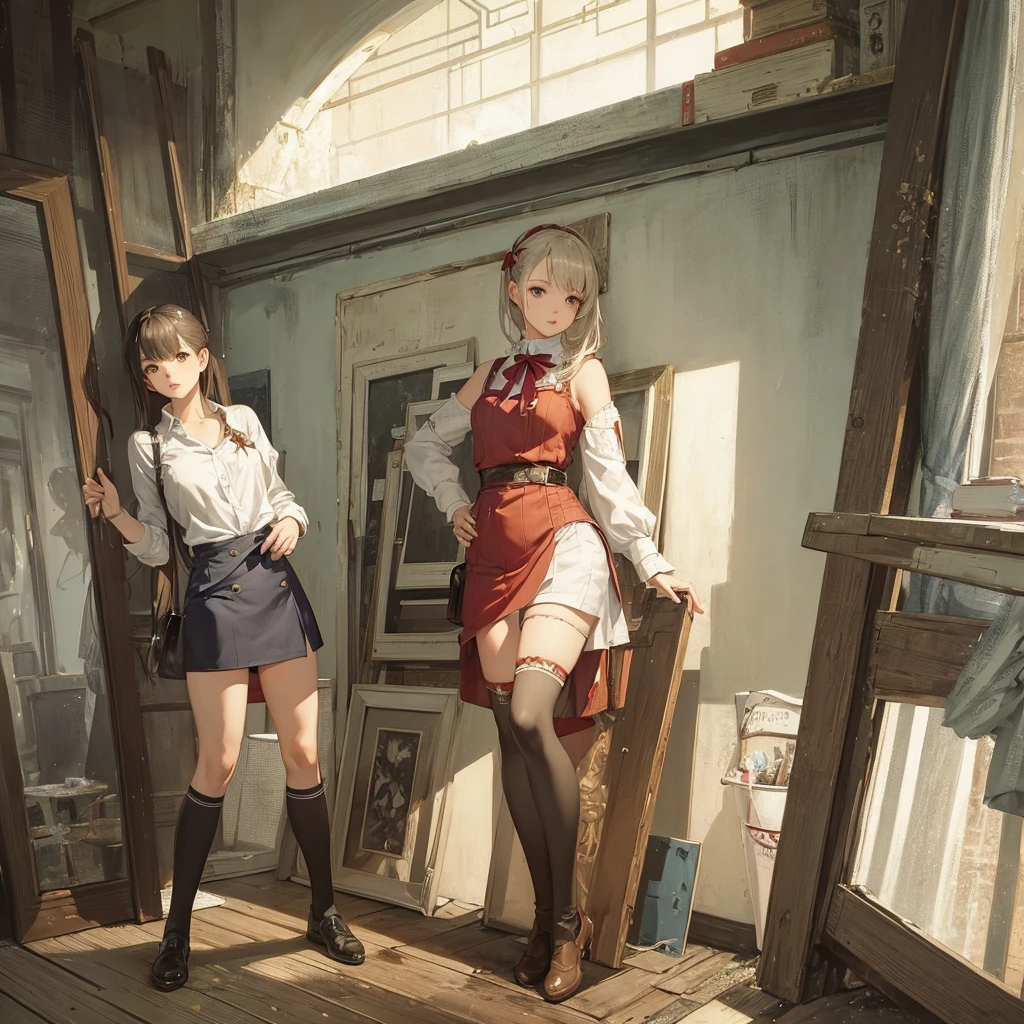 A painting by Akihiko Yoshida. woman. game character. knee high socks. Whole body.
