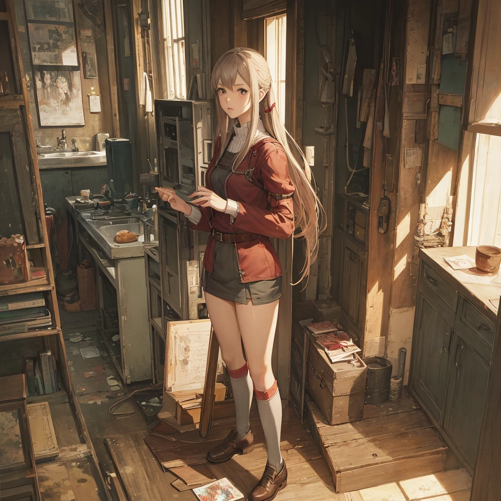 A painting by Akihiko Yoshida. woman. game character. knee high socks. Whole body.