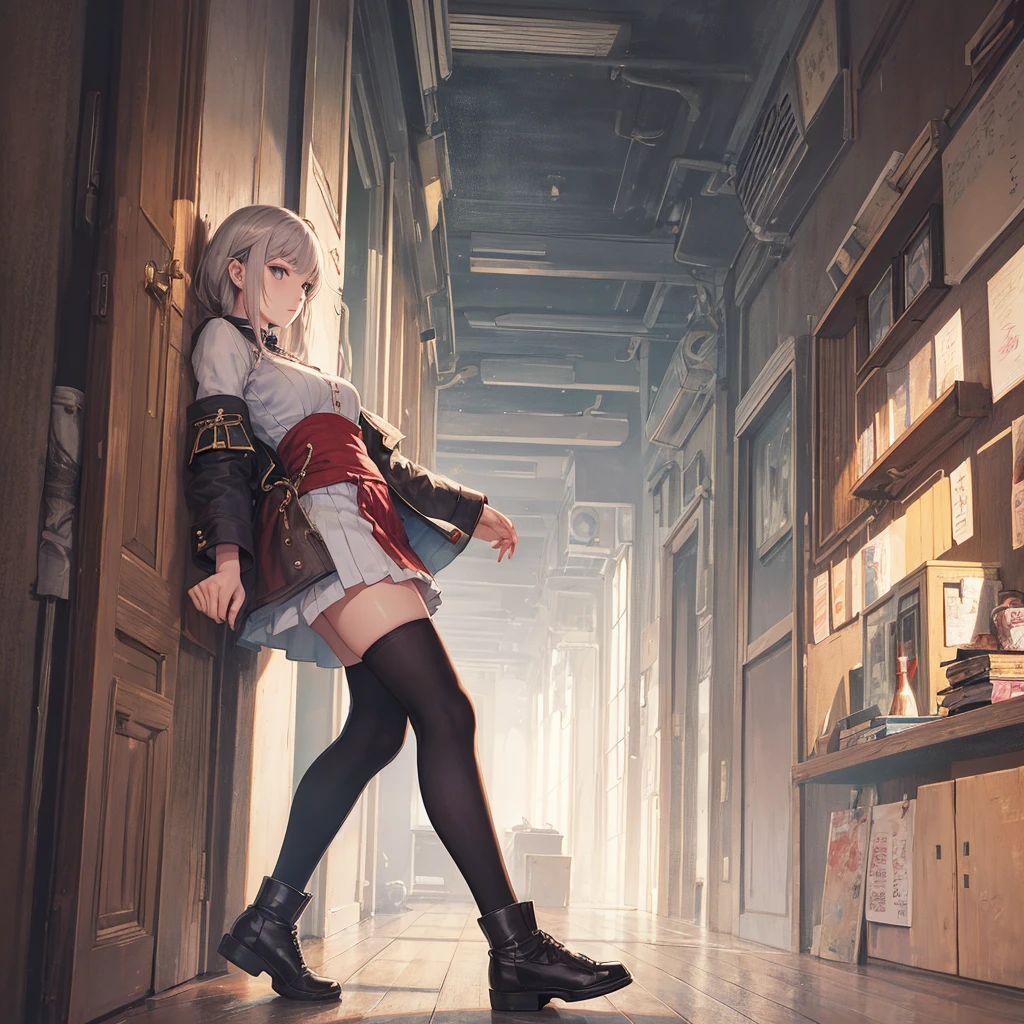 A painting by Akihiko Yoshida. woman. game character. knee high socks. Whole body.
