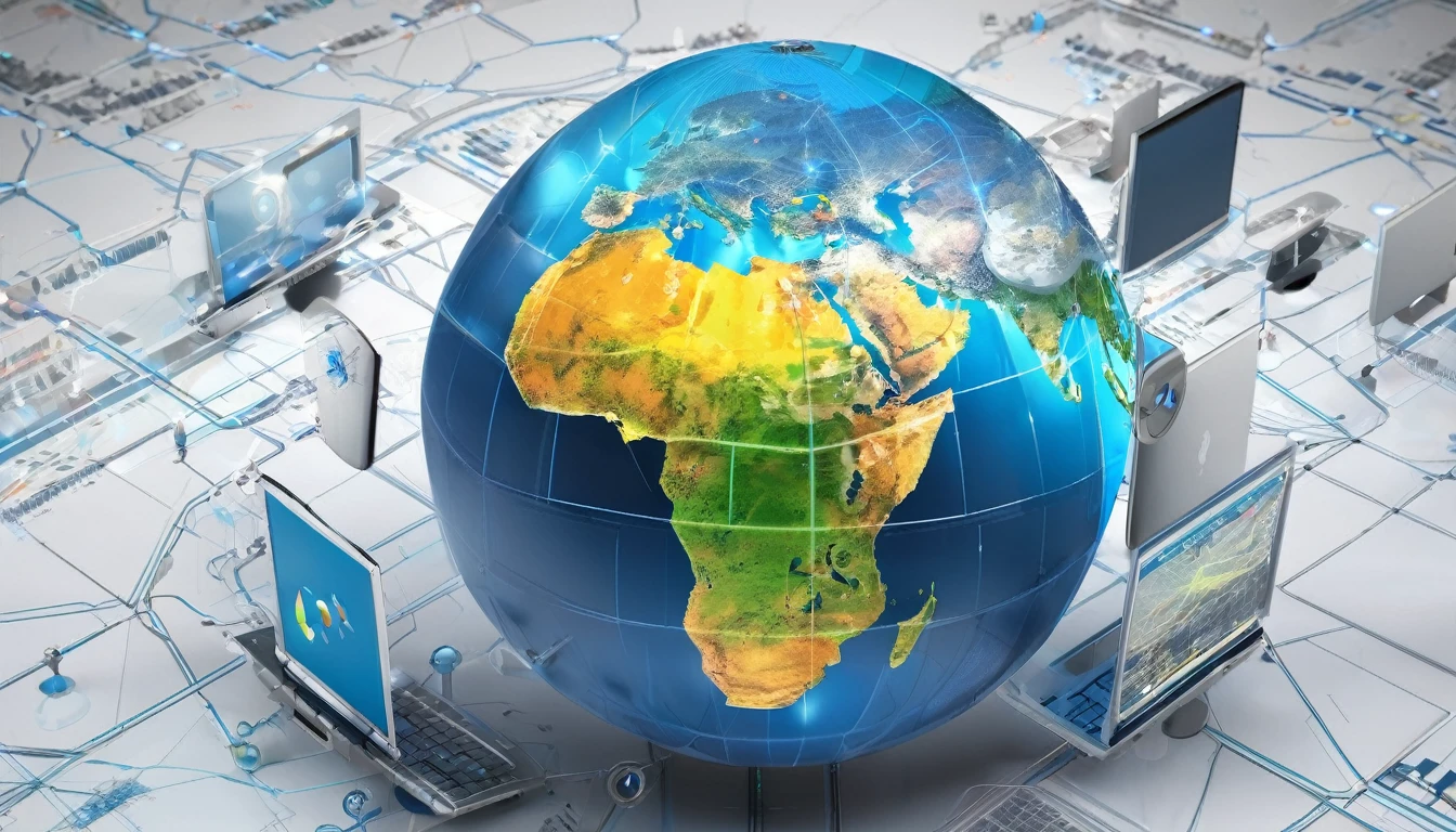 (globe in the center,3D rendering,highly-detailed globe,high-resolution),computer network,advanced technology,connectivity,wireless communication,global communication,internet,cloud computing,seamless integration,fast and reliable data transfer,multi-device compatibility,real-time data exchange,data security,cyber security,efficiency,automation,data analytics,precision,advanced algorithms,artificial intelligence,smart devices,Internet of Things,innovation,progress,global collaboration,business growth,advertising.Continents should be clearly defined on the globe map, And laptops and computers around the ground are completely accurate and specific, The image has little noise,