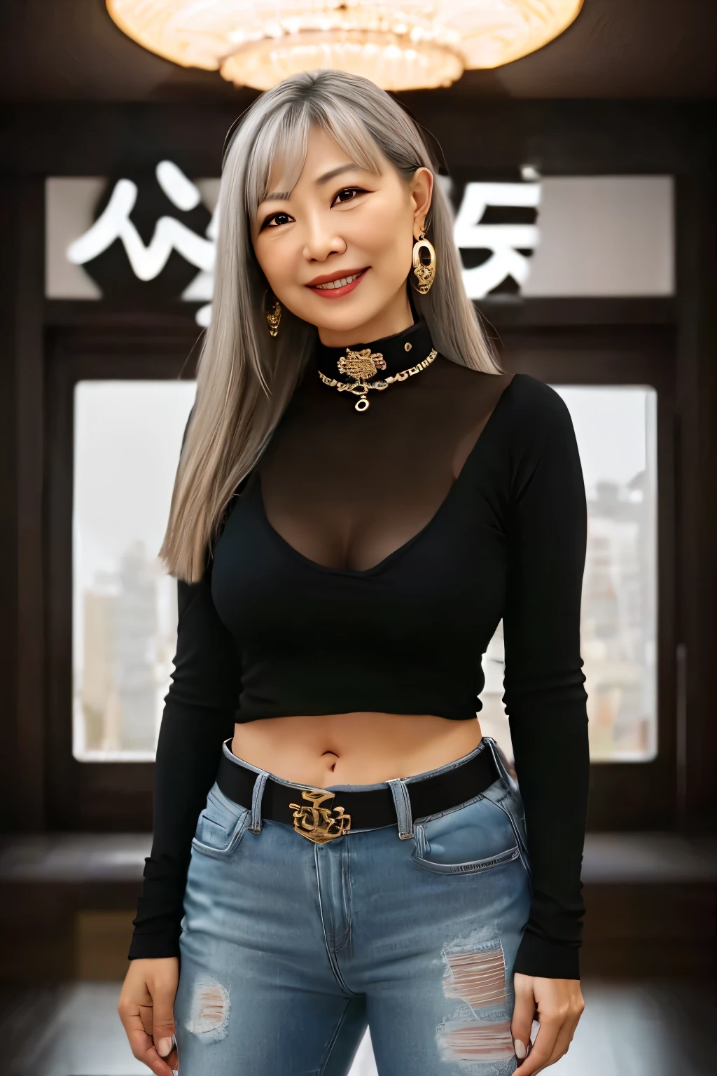 60 years old　mom　milf　Chinese Lady　large earring　Big choker　navel piercing decoration　A bracelet　Silver Hair　realisitic　Gorgeous Madame Beautiful Mature Woman　sexly　Smile　Gentle woman navel piercing　４K　High quality lounge　coffee　Customer　Heavy chest　Chain belt　Gorgeous Madame Beautiful Mature Woman