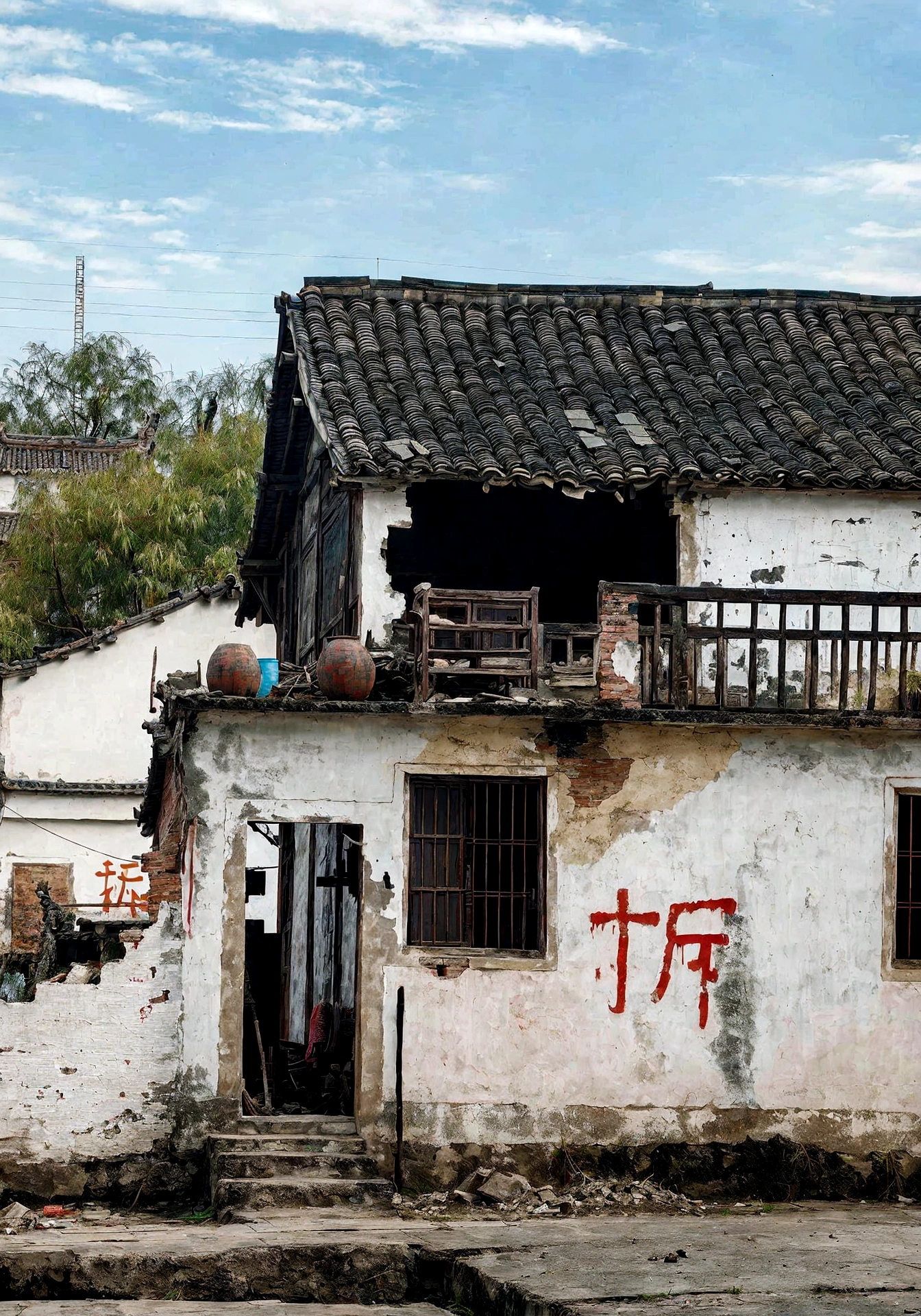 there is a building with a roof that has graffiti on it, chinese village, dilapidated houses, inspired by Zhang Zongcang, dilapidated house, by An Zhengwen, abandoned war torn village, old house, gujian, qiangshu, with ancient chinese aesthetic, inspired by Sheng Maoye, inspired by Zhang Sengyao