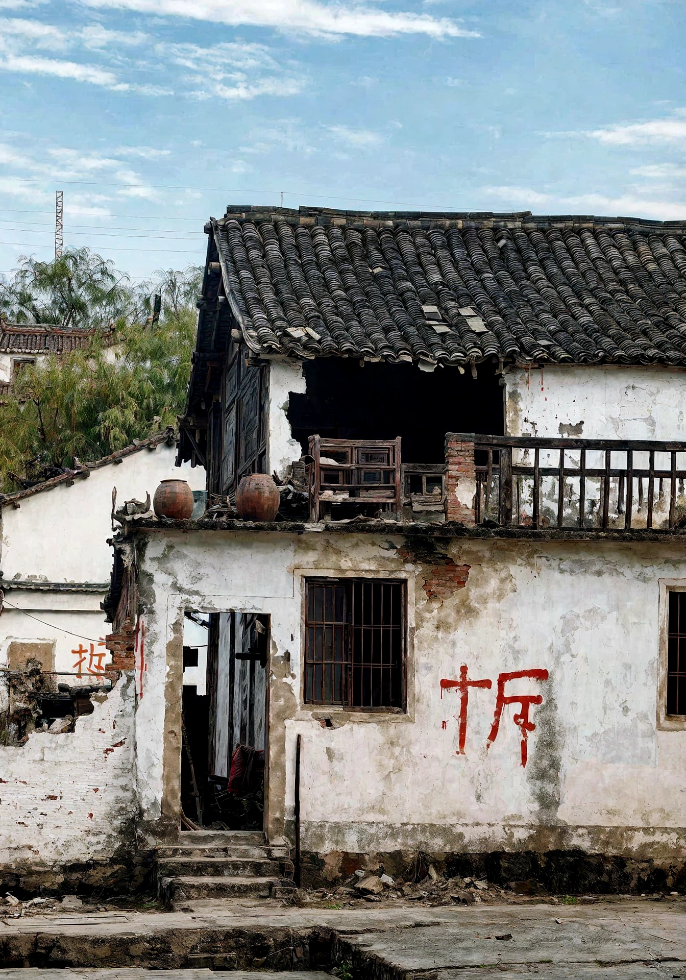 there is a building with a roof that has graffiti on it, chinese village, dilapidated houses, inspired by Zhang Zongcang, dilapidated house, by An Zhengwen, abandoned war torn village, old house, gujian, qiangshu, with ancient chinese aesthetic, inspired by Sheng Maoye, inspired by Zhang Sengyao
