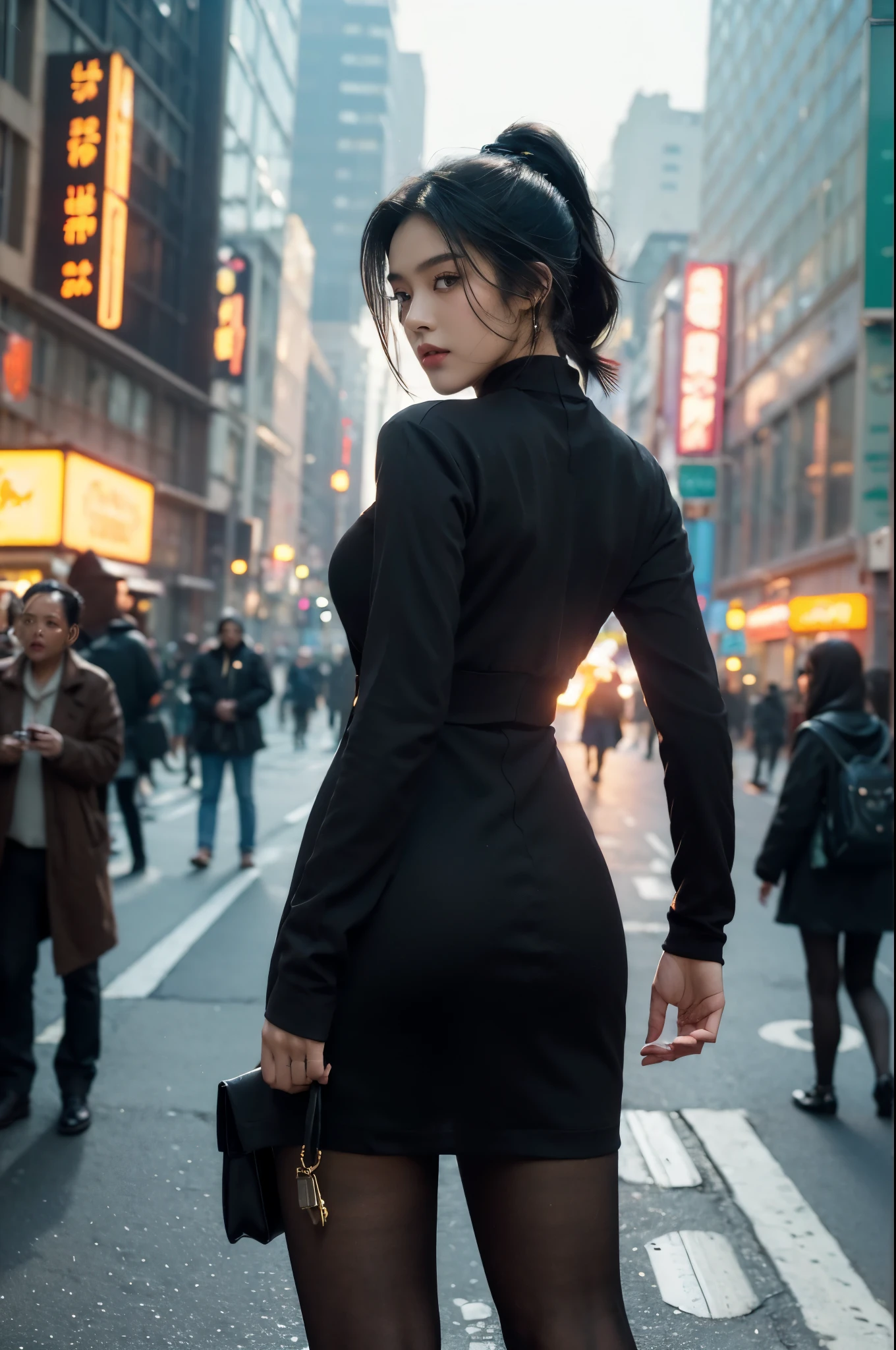 (((best quality))),(((ultra detailed))),(((masterpiece))),illustration,1girl,slim,vibrant cotton dress,short ponytail,pantyhose,standing, bustling city streets, honking cars,surrounded by crowded crowds, colorful advertisements,enjoying sights and sounds,(dark black skin:1.5),(day scene:1.3),upper body,from front,bare back,towering hips,butt crack,sunshine