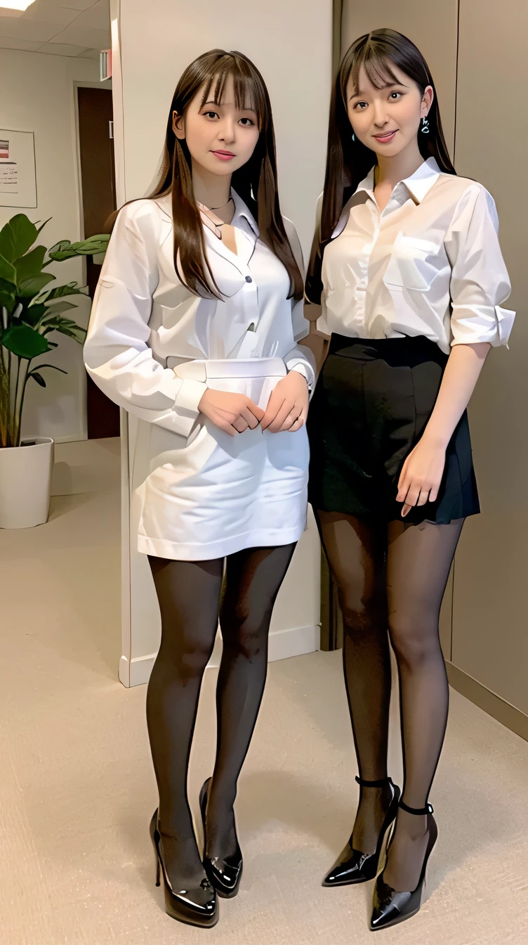 masterpiece, highest quality, Beautiful mature woman、 ((Two women in their 40s))、Chubby、 Very embarrassed look、 uniform、((Her panties are visible through her skirt))、((Sheer white shirt))、Navy blue ribbon on collar、Dark blue pleated micro mini、Please show me your whole body、((Puffy Panties))、White Sox、((Lift the hem of a skirt、Lift the hem of a skirt with both hands、Lift the hem of a skirt yourself,、Show your little panties to the camera))、standing、bedroom